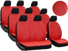 Pokrowce samochodowe do Ford Transit V 9m (2000-2006). Pokrowce miarowe skórzane w kolorze czerwony, pasują do Ford Transit V 9m (2000-2006).